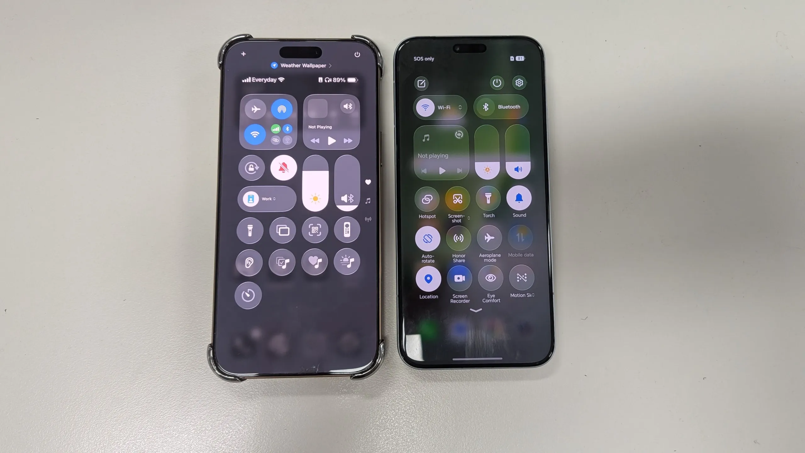 Comparación lado a lado del centro de control de un iPhone 16 Pro Max y del Honor Magic 8 Pro