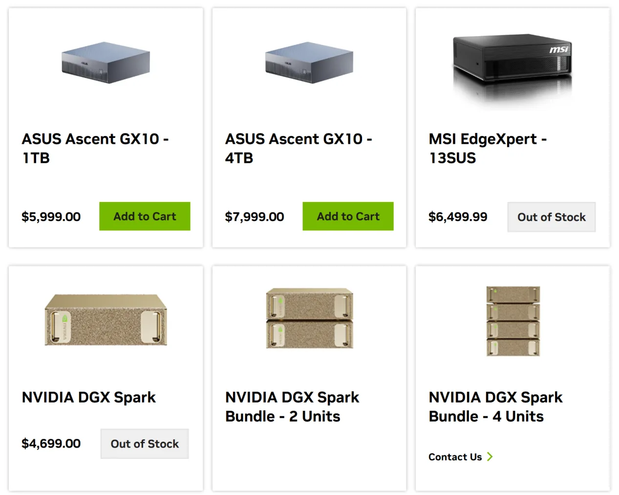 Listado de tienda con el DGX Spark agotado a 4.699 dólares y varios equipos Spark de ASUS y MSI con precios superiores