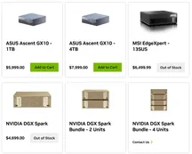 Listado de tienda con el DGX Spark agotado a 4.699 dólares y varios equipos Spark de ASUS y MSI con precios superiores