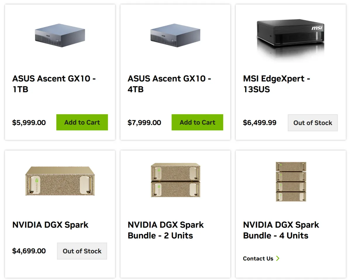 Listado de tienda con el DGX Spark agotado a 4.699 dólares y varios equipos Spark de ASUS y MSI con precios superiores