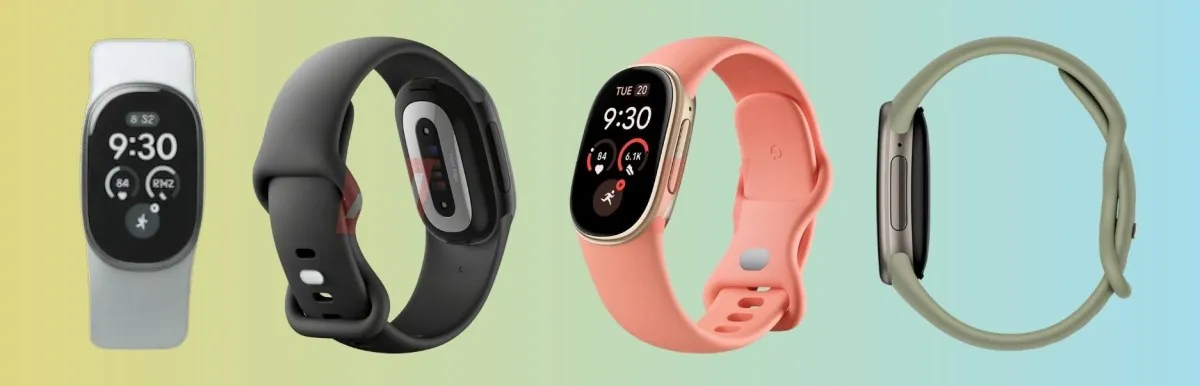 Los cuatro colores filtrados del Fitbit Edge alineados sobre un fondo de color
