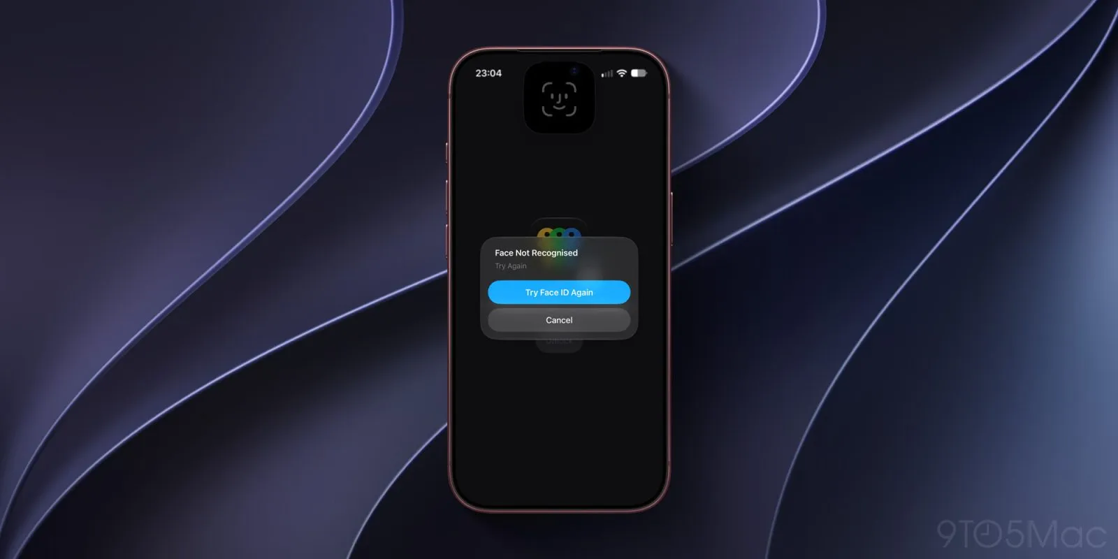 iPhone 18 Pro con el aviso «Face Not Recognised» y el botón «Try Face ID Again» en pantalla