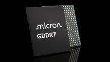 Render de un chip de memoria Micron GDDR7 con el logotipo de la compañía sobre fondo negro
