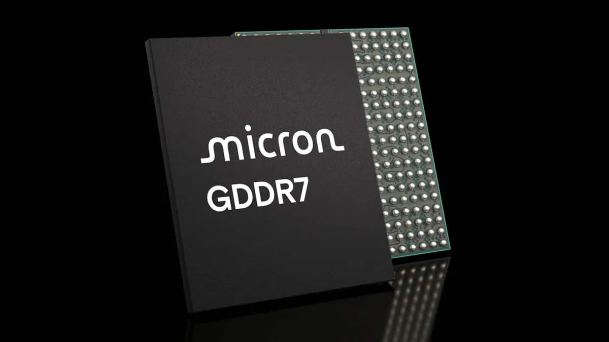 Render de un chip de memoria Micron GDDR7 con el logotipo de la compañía sobre fondo negro