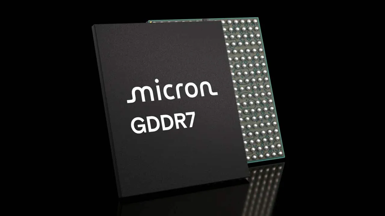 Render de un chip de memoria Micron GDDR7 con el logotipo de la compañía sobre fondo negro