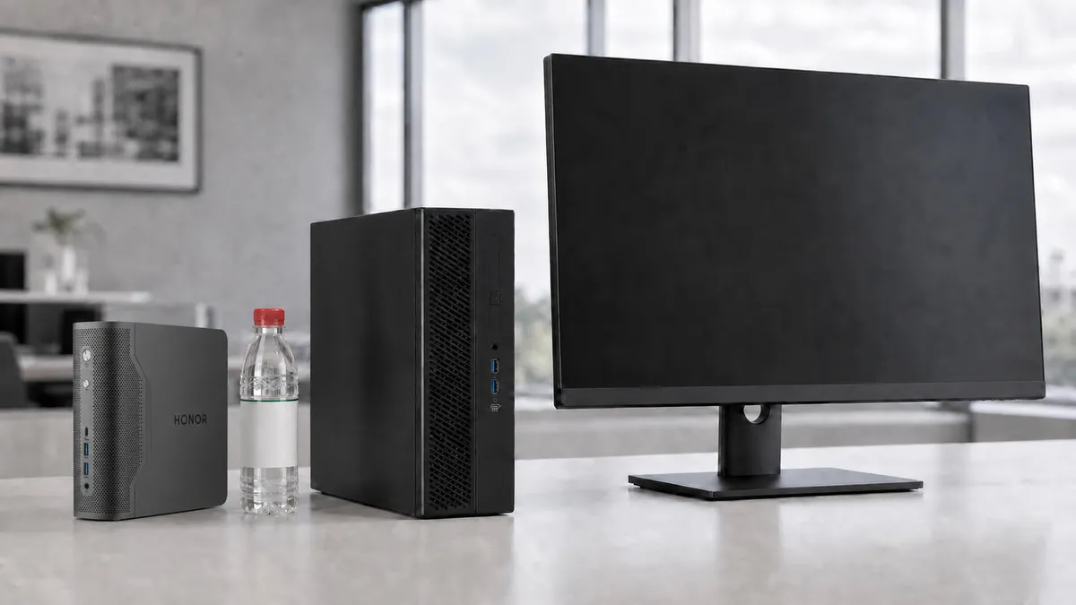 El equipo AXB35 de Honor junto a una botella de agua, un PC de oficina compacto y un monitor, para comparar su tamaño