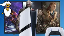 Consola PS5 frente a un televisor con escenas de God of War y Horizon, junto a un mando DualSense