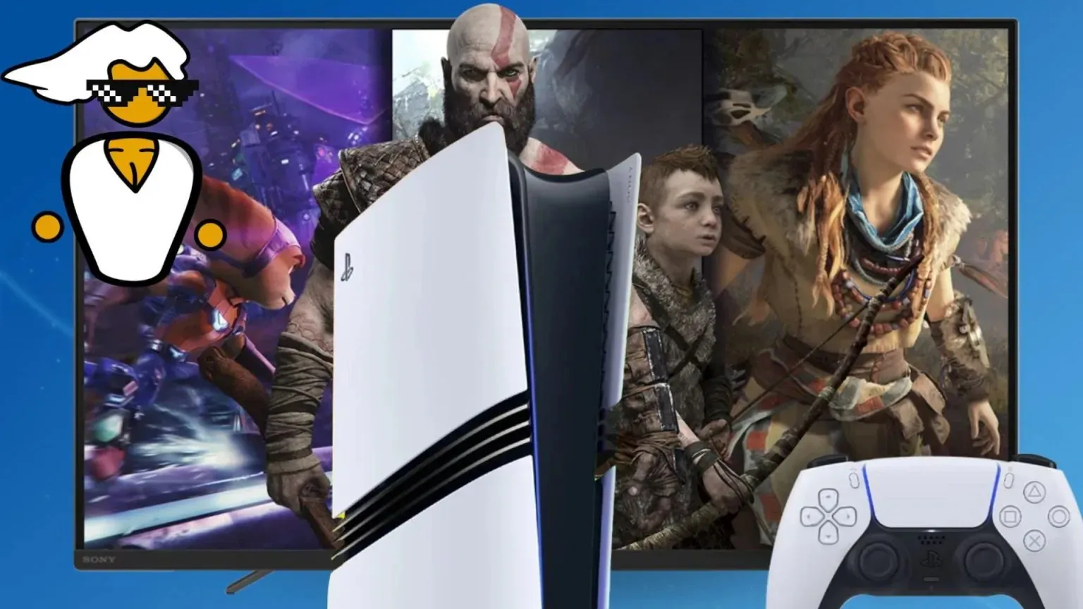 Consola PS5 frente a un televisor con escenas de God of War y Horizon, junto a un mando DualSense