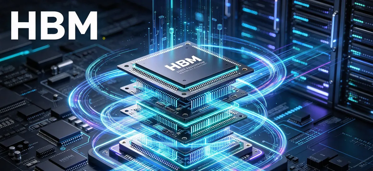 Ilustración de un chip HBM con varios dados apilados y circuitos luminosos, bajo el rótulo HBM, sobre un fondo de servidores