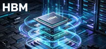 Ilustración de un chip HBM con varios dados apilados y circuitos luminosos, bajo el rótulo HBM, sobre un fondo de servidores