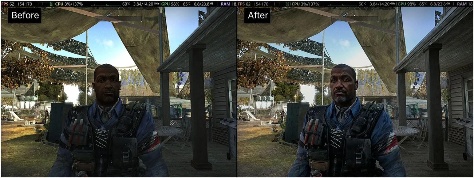 Comparativa antes y después del efecto DLSS 5 Neural Rendering en una escena de videojuego, con el monitor de rendimiento superpuesto