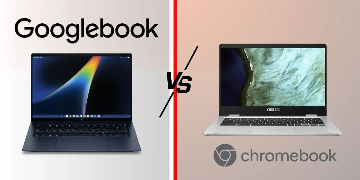 Comparativa de un portátil Googlebook oscuro a la izquierda y un Chromebook ASUS plateado a la derecha, separados por un rótulo VS