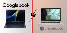 Comparativa de un portátil Googlebook oscuro a la izquierda y un Chromebook ASUS plateado a la derecha, separados por un rótulo VS