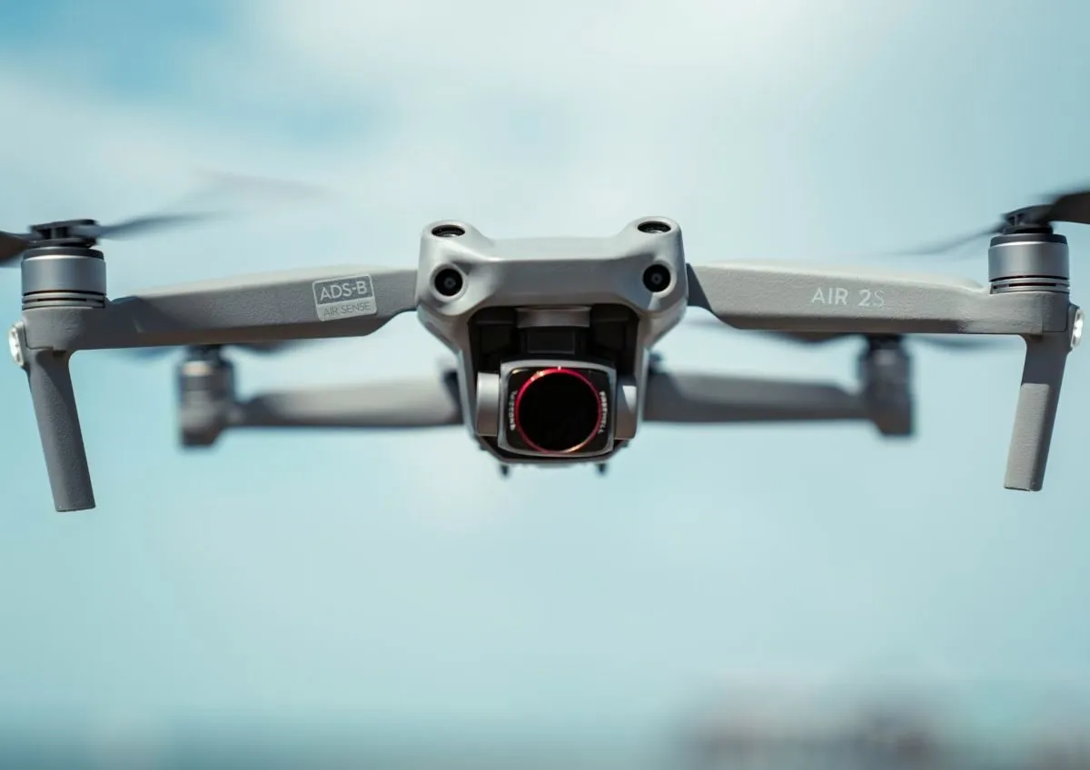 Front view of a DJI Air 2S in flight with its camera and sensors visible