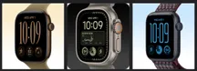 Three Apple Watches in a row showing the time and heart-rate metrics on screen
