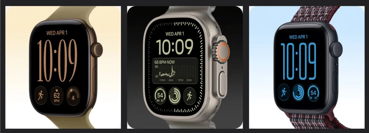 Tres Apple Watch en fila con la hora y métricas de frecuencia cardíaca en pantalla