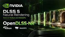 Gráfico de DLSS 5 Neural Rendering con los rótulos "Now on Vulkan and WebGPU" y "OpenDLSS-NR" sobre una escena arquitectónica