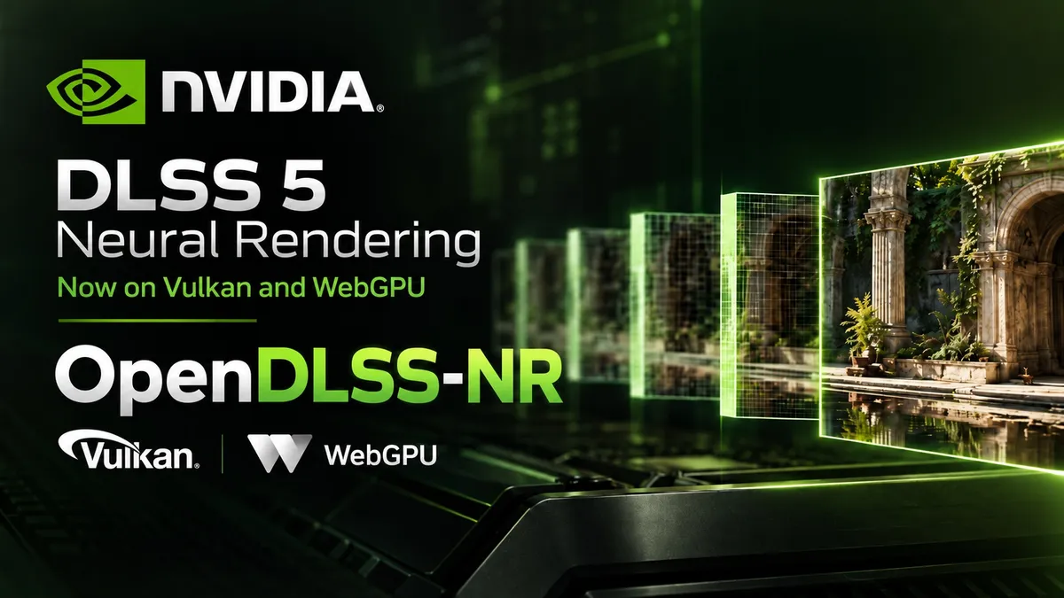 Gráfico de DLSS 5 Neural Rendering con los rótulos "Now on Vulkan and WebGPU" y "OpenDLSS-NR" sobre una escena arquitectónica