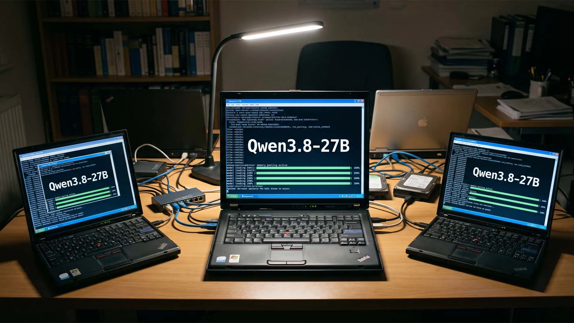 Representación del modelo Qwen3.8-27B ejecutándose repartido entre varios dispositivos