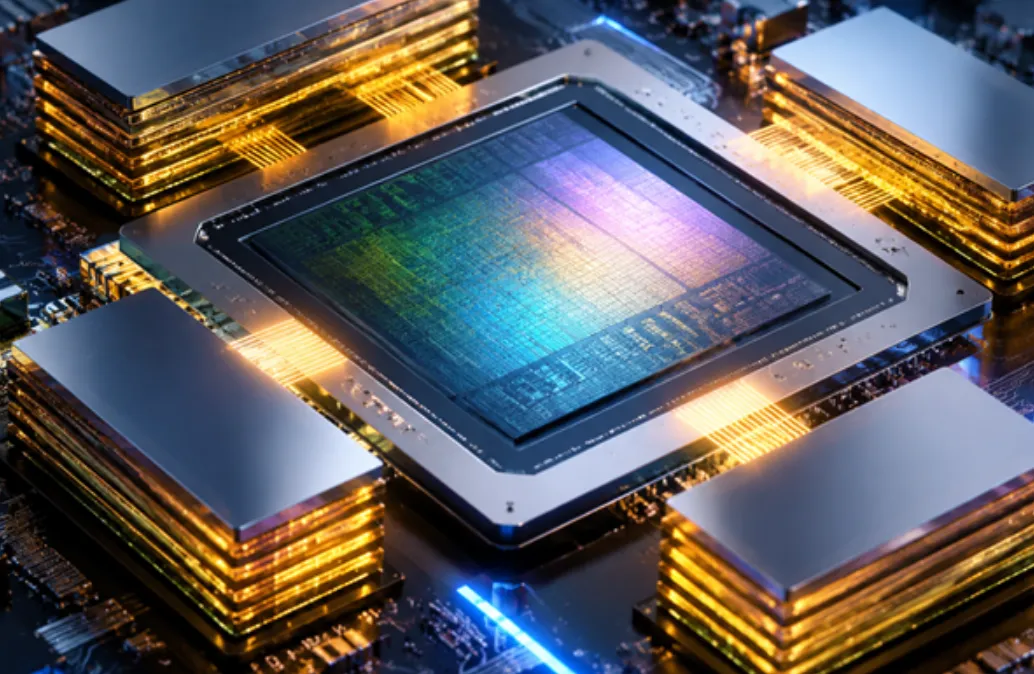 Acelerador de IA con cuatro pilas de memoria HBM alrededor del chip central