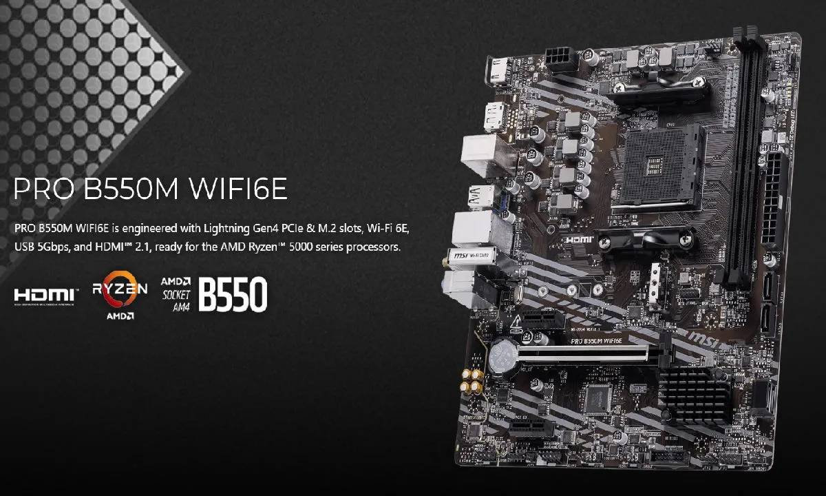 Presentación de la placa base MSI PRO B550M WIFI6E sobre un fondo oscuro