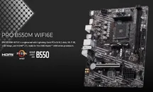 Presentación de la placa base MSI PRO B550M WIFI6E sobre un fondo oscuro
