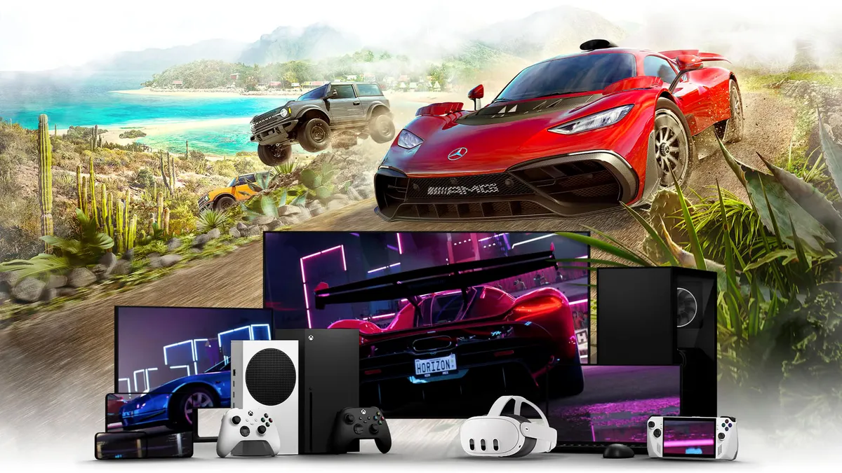 Montaje promocional de Xbox Cloud Gaming con consolas y juegos de conducción