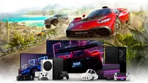 Promotional montage of Xbox Cloud Gaming with consoles and driving games