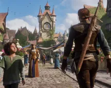 Captura del reinicio de Fable con un personaje infantil de túnica verde recorriendo una aldea medieval