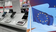 Composición que ilustra la nueva etiqueta europea de garantía aplicada a la compra de un móvil