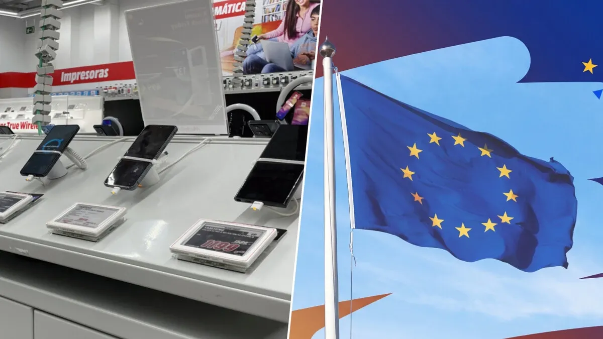 Composición que ilustra la nueva etiqueta europea de garantía aplicada a la compra de un móvil