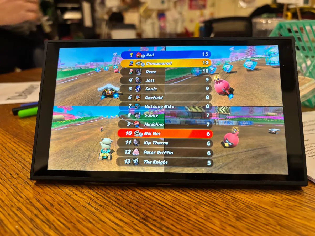 Resultados de Mario Kart World en un monitor con Red, Cinnamoroll y otros personajes añadidos mediante mods