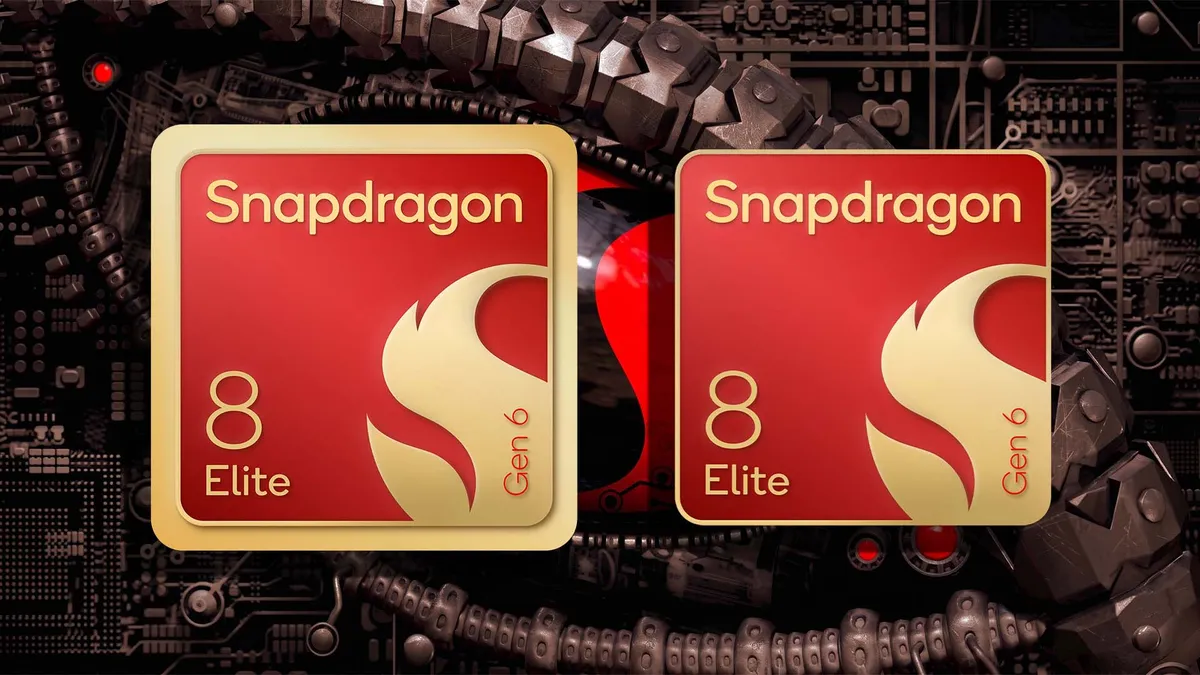Los dos chips Snapdragon 8 Elite Gen 6, en rojo y dorado, sobre un fondo de circuito mecánico