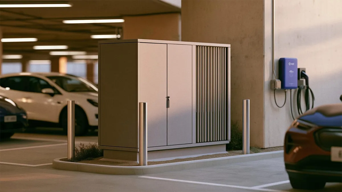 Render of a Latient Pod, a compact cabinet holding GPUs, installed next to an electric vehicle charging station