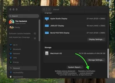 Ventana de certificación de regulación en macOS con los datos del Mac