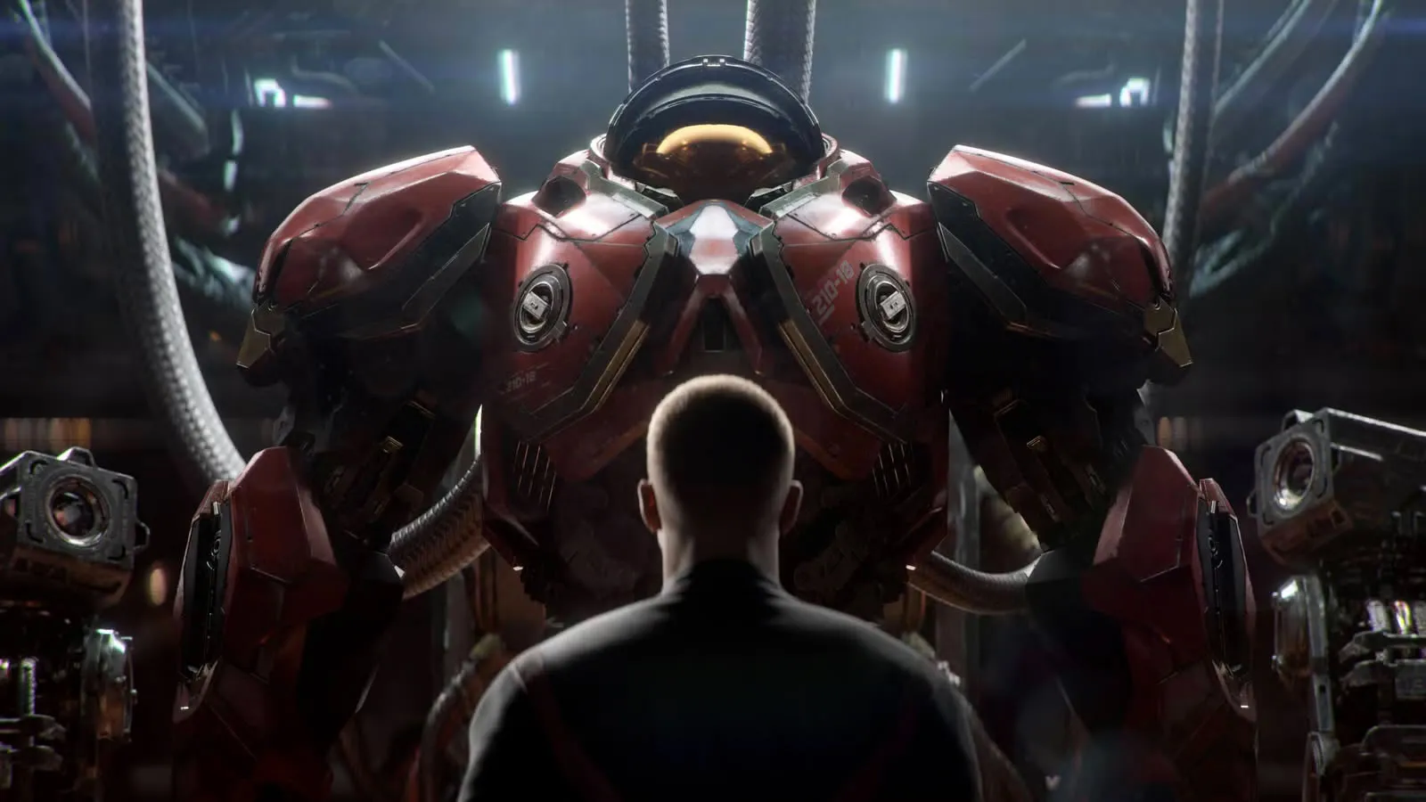 Escena de un soldado terran con armadura roja frente a un hombre