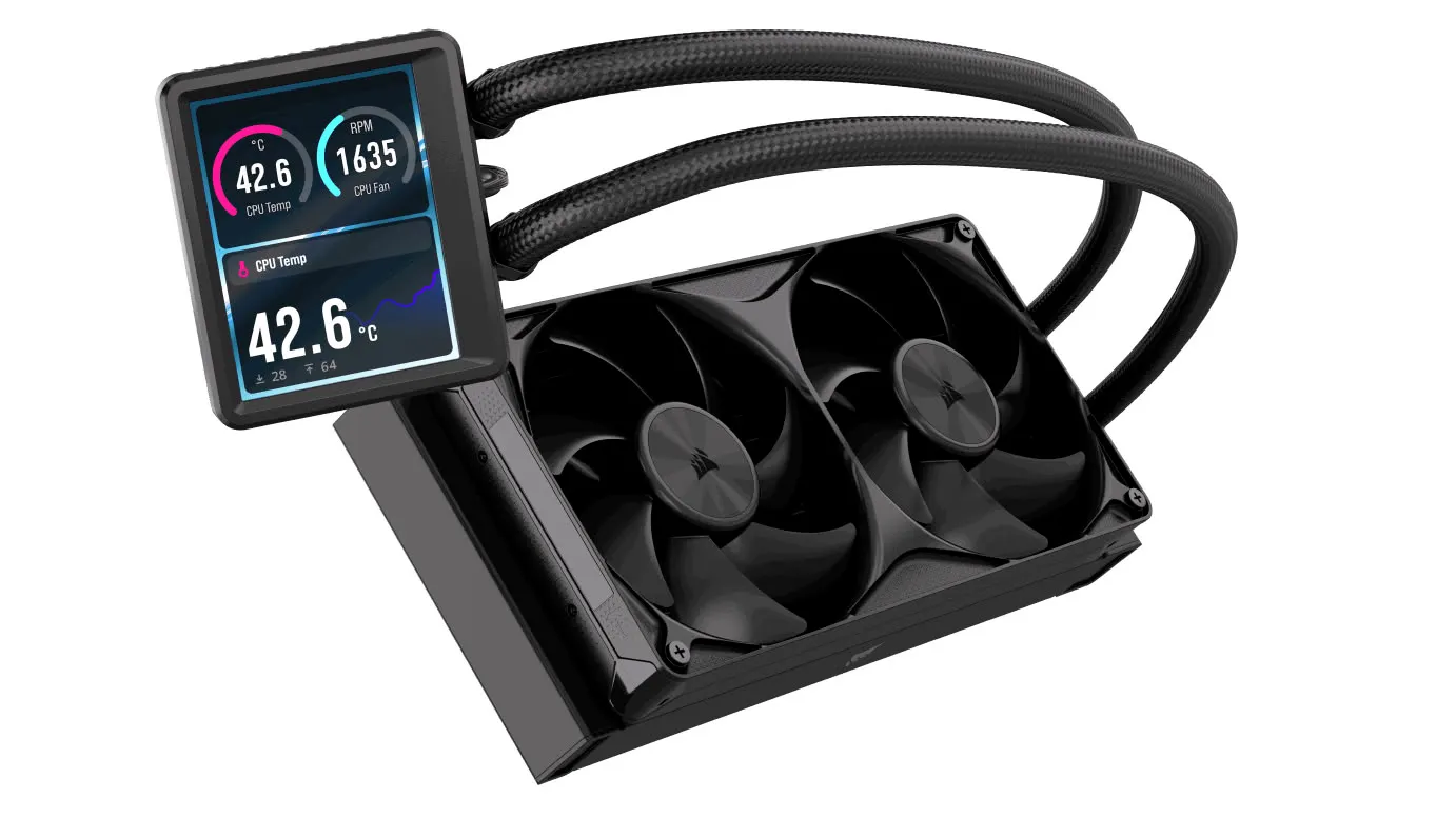 Refrigeración líquida Corsair Nautilus II RS LCD con su pantalla IPS de 3,5 pulgadas mostrando métricas del sistema