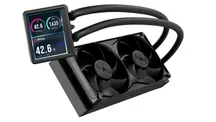 Refrigeración líquida Corsair Nautilus II RS LCD con su pantalla IPS de 3,5 pulgadas mostrando métricas del sistema