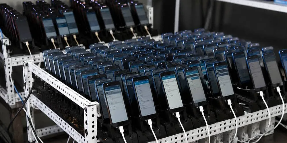 Teléfonos móviles apilados en un punto de reciclaje