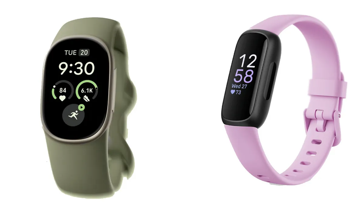 El Fitbit Edge en verde junto al Fitbit Inspire 3 en rosa, vistos de frente