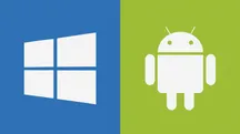 Logotipos de Windows y Android sobre cuadrados azules y verdes