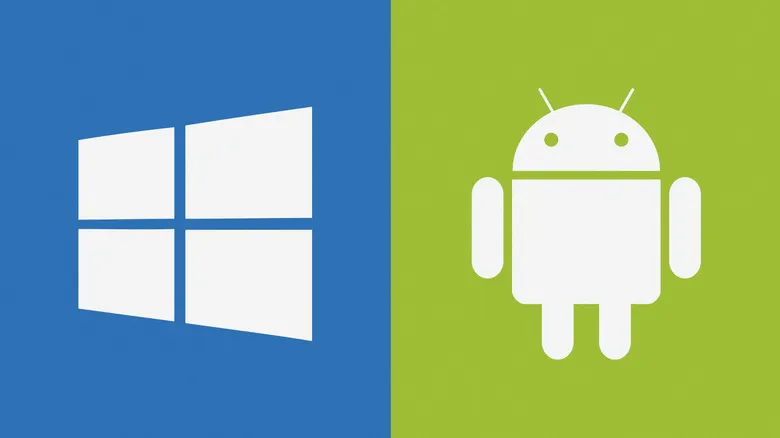 Logotipos de Windows y Android sobre cuadrados azules y verdes