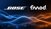 Bose and FMOD logos facing each other over a background of blue and orange dot waves
