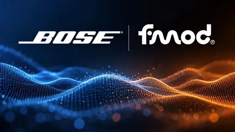 Bose and FMOD logos facing each other over a background of blue and orange dot waves