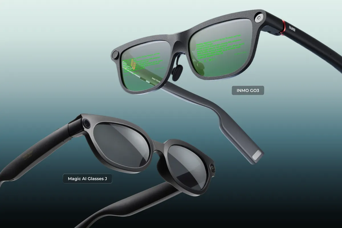 Las dos gafas inteligentes de INMO, GO3 y Magic AI Glasses J, mostradas una junto a otra