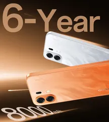 Traseras del OPPO K14 Plus en blanco y naranja con los textos promocionales "6-Year" y "8000 mAh"