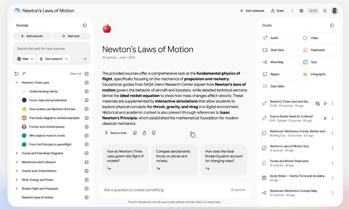 Interfaz de Gemini Notebook con un cuaderno sobre las leyes de Newton, el panel de fuentes y el panel Studio con audio, vídeo, tarjetas y cuestionarios