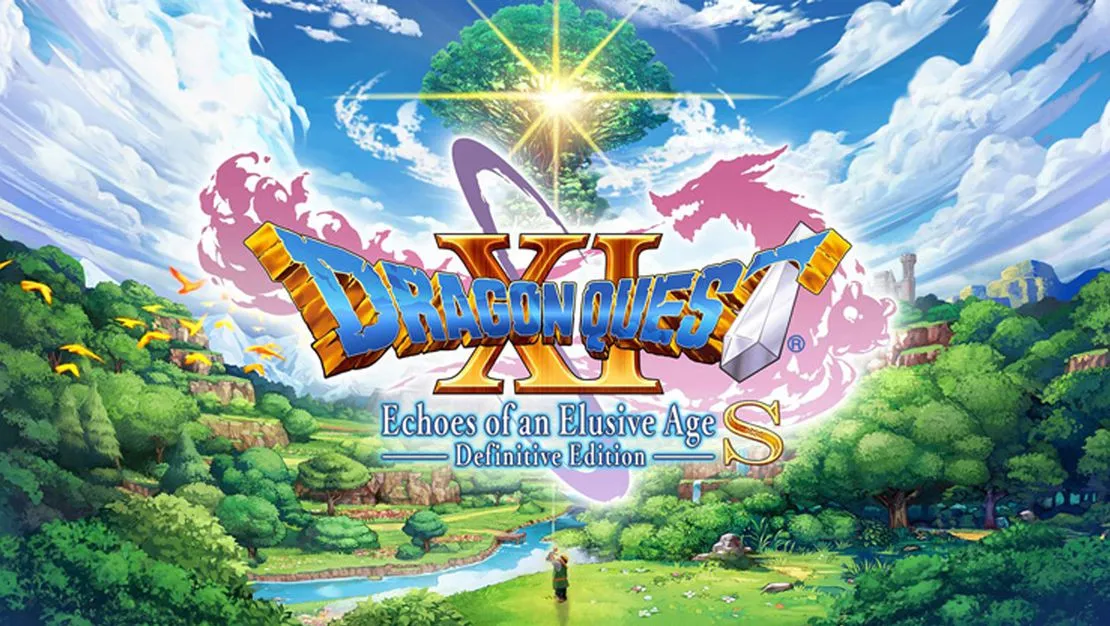 Arte oficial de Dragon Quest XI S con el logotipo del juego sobre un paisaje con el árbol Yggdrasil