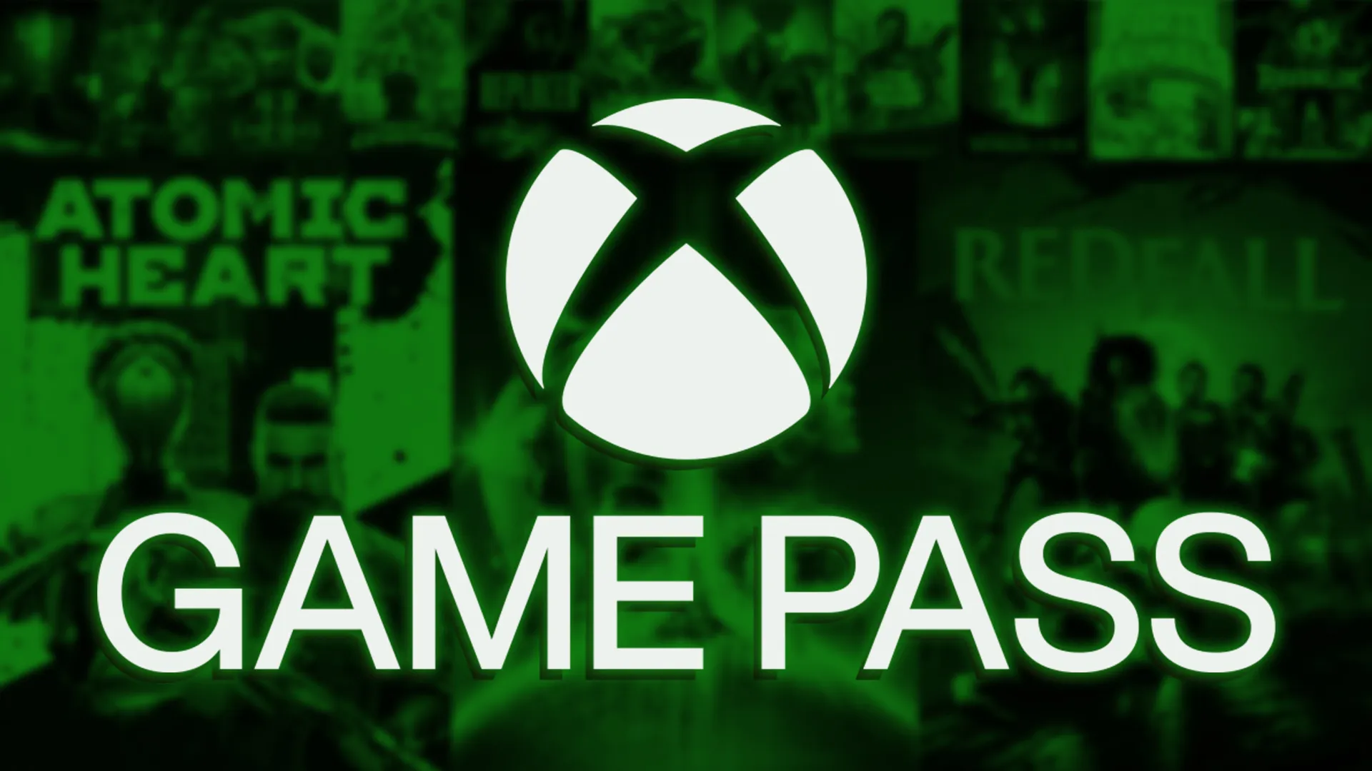 Logotipo verde de Xbox Game Pass sobre un fondo de carátulas de juegos