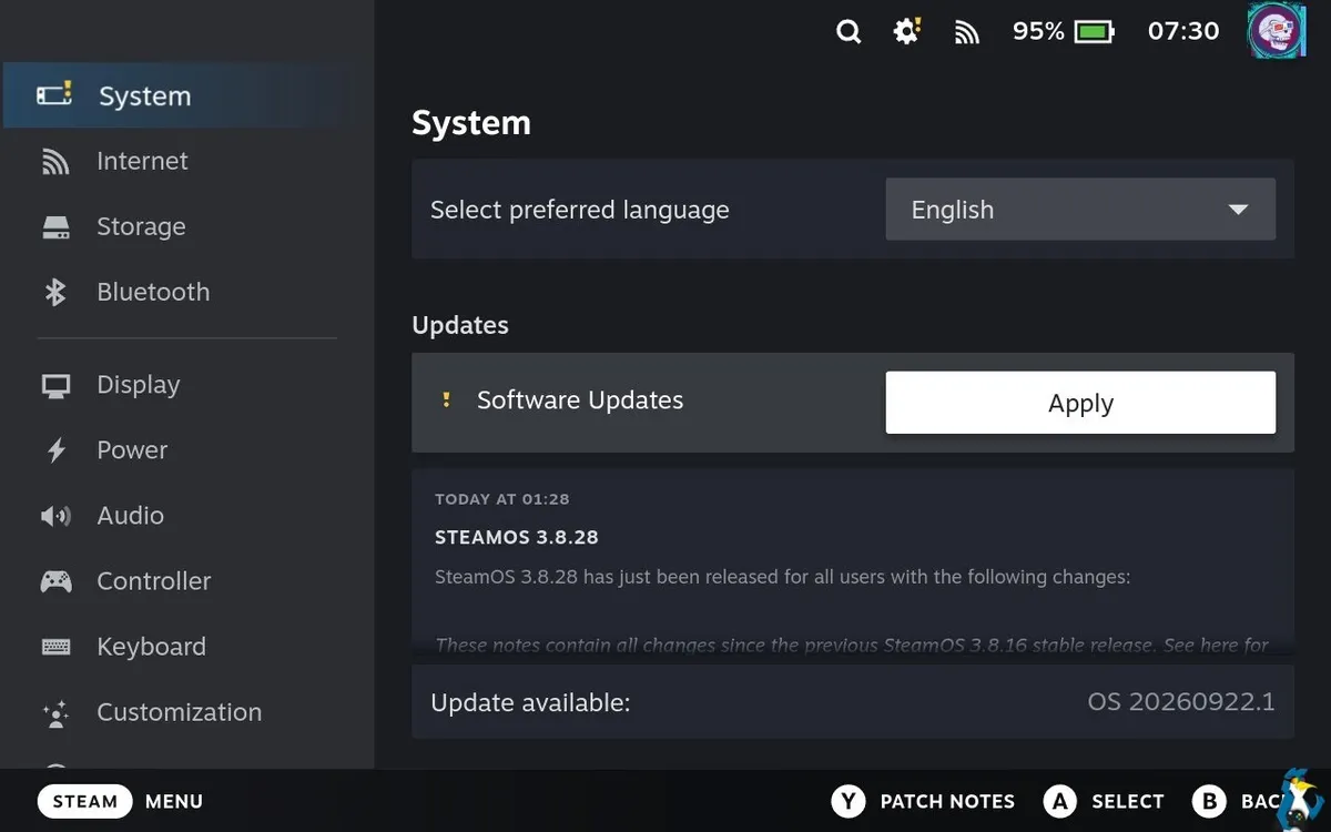 Steam Deck mostrando el aviso de actualización de SteamOS lista para instalar